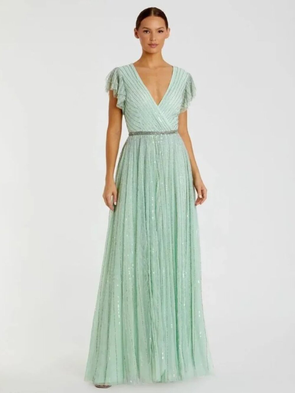 Mac Duggal 5502 Green Sequined Ruffled Cap Sleeve Gown Size 14